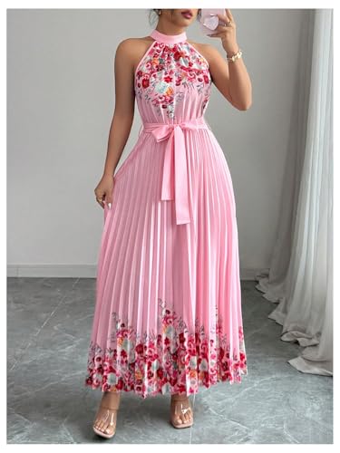 Women's Summer Floral Halter Maxi Dress Sleeveless Pleated A Line Flowy Belted Long Dresses