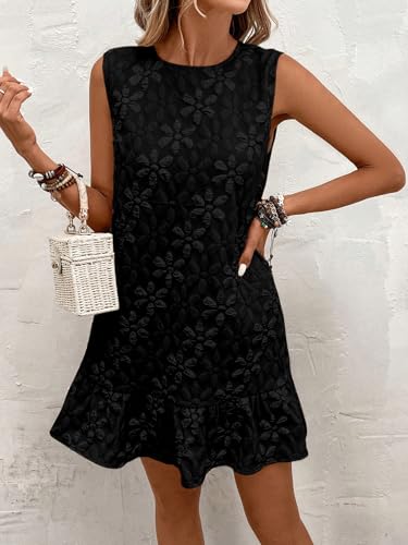 41MzknKs6BL.jpg Women's Ruffle Hem Sleeveless Tank Dress Round Neck Casual Jacquard Hem Smock Summer Mini Dresses