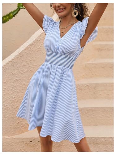 41N2QTu7VML.jpg Women's Summer Party Striped Dress Ruffle V Neck A Line Flowy Beach Mini Dresses