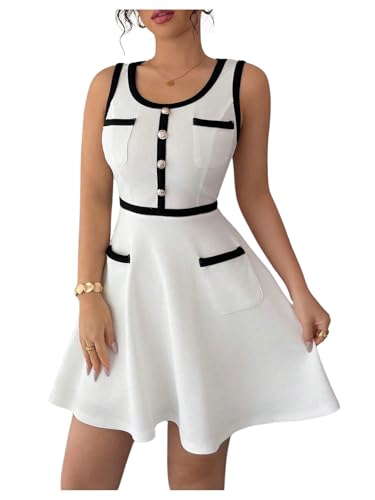 41NJFh0fIBL.jpg Women's Summer Sleeveless Knitted Mini Dress Button Color Block Party Short Dresses
