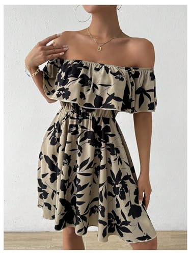 Women's Off The Shoulder Floral Summer Dresses Short Sleeve Ruffle A Line Flowy Short Dress