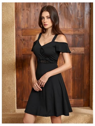 41NVlNwvCnL.jpg Women's Cold Shoulder A line Dresses V Neck Ruffle Short Sleeve Cut Out Short Dress
