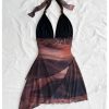 Women's Plus Size Sundresses Vintage Ombre Halter Deep V Neck Bodycon Summer Mini Dress