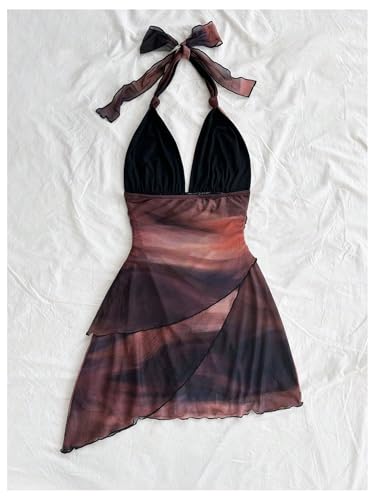 Women's Plus Size Sundresses Vintage Ombre Halter Deep V Neck Bodycon Summer Mini Dress