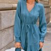 41NhJlTTTeL.jpg Women's Ruffle Mini Fall Dress Smocked V Neck Tie Waist Long Lantern Sleeve Flounce Hem Casual Autumn Dresses