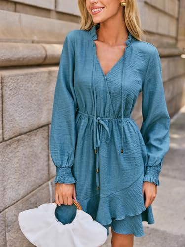 41NhJlTTTeL.jpg Women's Ruffle Mini Fall Dress Smocked V Neck Tie Waist Long Lantern Sleeve Flounce Hem Casual Autumn Dresses