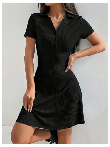 41Ni03TAeL.jpg Women's V Neck Short Dresses Short Sleeve Collar Button A Line Dress Work Outfits