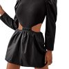 Women's Long Puff Sleeve Short Dress Cut Out Waist Slim Fit Dresses