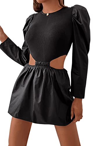Women's Long Puff Sleeve Short Dress Cut Out Waist Slim Fit Dresses
