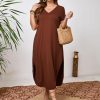 Women's Plus Size Summer Dress V Neck Short Sleeve Split Hem Midi Dresses