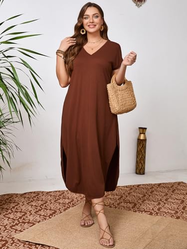 Women's Plus Size Summer Dress V Neck Short Sleeve Split Hem Midi Dresses