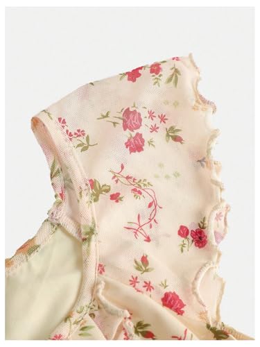 Girl's Floral Print Mesh Summer Dresses Tie Front Ruffle Sleeve A Line Short Dress