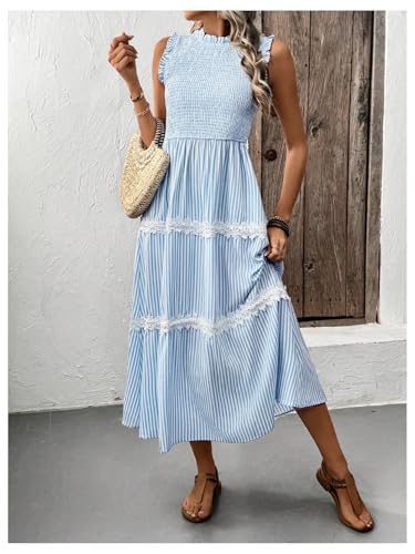 Women's Summer Long Dress Casual Boho Striped Sleeveless Smocked Tiered Ruffle Sundress
