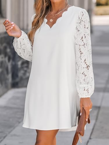 Women's Mini Dress Scalloped V Neck Lace Appliques Long Sleeve Loose Fit A Line Casual Dress