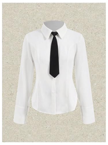 Women's Button Down Long Sleeve Blouse Collared Slim Fit Dress Shirts with Tie