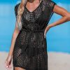 Women Crochet Swim Coverups Short Sleeve Drawstring Beach Coverups Dress