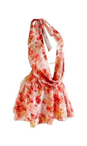 Women's Summer Floral Halter Deep Dowl Neck Dress Ruffle Beach Vacation Flowy Mini Sundresses