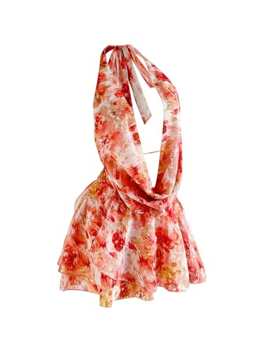 Women's Summer Floral Halter Deep Dowl Neck Dress Ruffle Beach Vacation Flowy Mini Sundresses