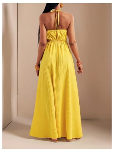 Women's Summer Halter Maxi Dress Sleeveless V Neck Split A Line Flowy Long Dresses Vacation Sundress