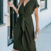41PQOf1-S-L.jpg Women's V Neck Wrap Dress Twisted Slit Pleated Waist Tie Short Sleeve Summer Midi Dresses