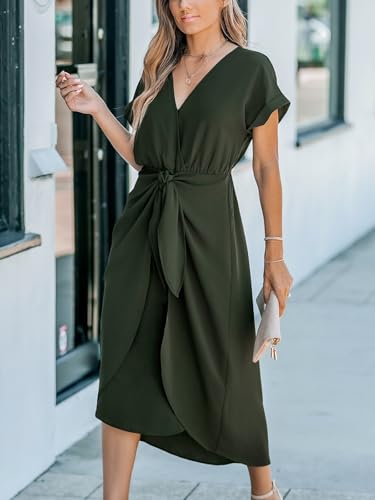 41PQOf1-S-L.jpg Women's V Neck Wrap Dress Twisted Slit Pleated Waist Tie Short Sleeve Summer Midi Dresses
