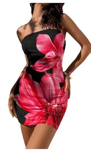 Women's Floral Print Bodycon Mini Dress Strapless Bandeau Tube Dress Summer Party Dresses