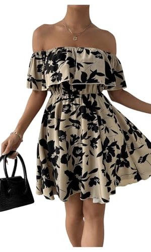 Women's Off The Shoulder Floral Summer Dresses Short Sleeve Ruffle A Line Flowy Short Dress