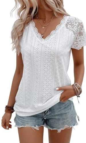 41Q6pc9AM0L.jpg Women's Floral Lace Short Sleeve Raglan Top Casual V Neck Pullover Plain Tee Shirt