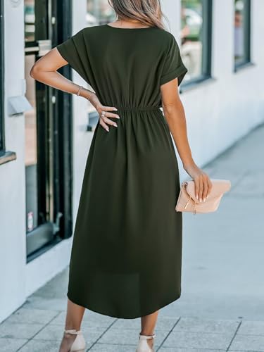 41Q9xc7mVQL.jpg Women's V Neck Wrap Dress Twisted Slit Pleated Waist Tie Short Sleeve Summer Midi Dresses
