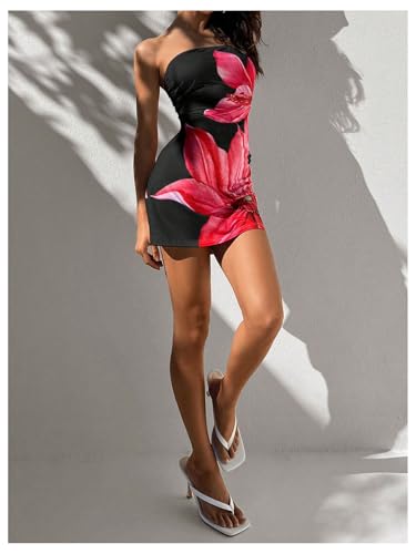 Women's Floral Print Bodycon Mini Dress Strapless Bandeau Tube Dress Summer Party Dresses