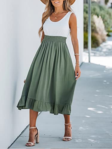 41QSAlDKzNL.jpg Women's Summer Midi Dresses Sleeveless Tank Smocked Beach Vacation Hawaiian 2025 Flowy Sundress