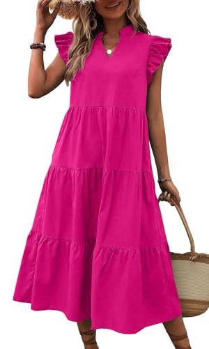 Women's Cap Sleeve Ruffle Hem Long Dress V Neck High Waist Smock Dresses