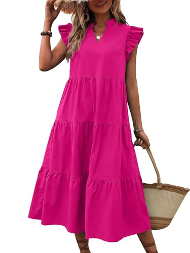 Women's Cap Sleeve Ruffle Hem Long Dress V Neck High Waist Smock Dresses