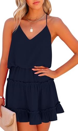 Womens V Neck Summer Mini Dress Sleeveless Ruffle Spaghetti Strap Racerback Flowy Beach Vacation Sundresses