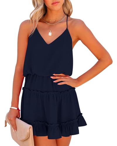 Womens V Neck Summer Mini Dress Sleeveless Ruffle Spaghetti Strap Racerback Flowy Beach Vacation Sundresses