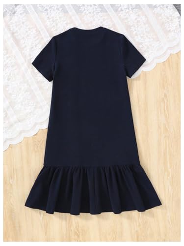 Girl's Ruffle A Line Midi Dress Button Crew Neck Short Sleeve Dresses