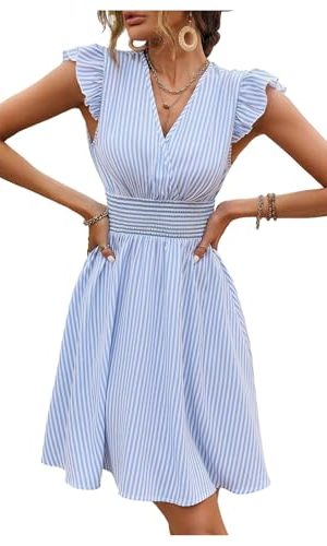 Women's Summer Party Striped Dress Ruffle V Neck A Line Flowy Beach Mini Dresses