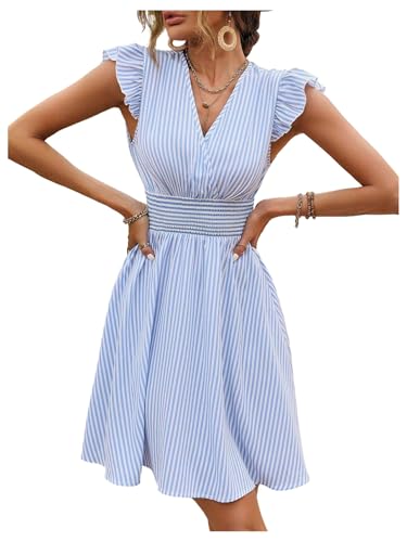 41Rw9O14oVL.jpg Women's Summer Party Striped Dress Ruffle V Neck A Line Flowy Beach Mini Dresses