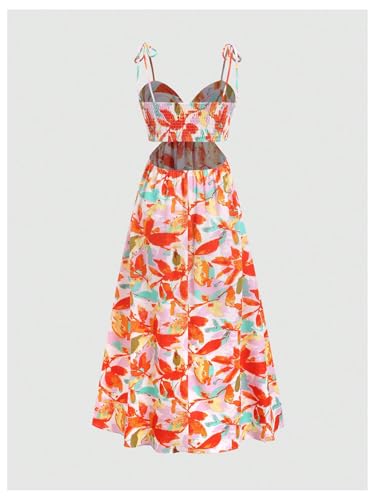 Women's Floral Print Cut Out Dress Tie Shoulder Sleeveless Boho Vacation Long Flowy Dresses