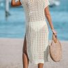 41SS8Fqk1yL.jpg Women's Crochet Swim Suit Coverup Cap Sleeve Knit Loose Beach Cover Ups Side Split Midi Dress
