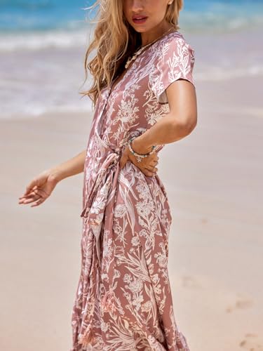 41ShCAg3lAL.jpg Women Summer Maxi Dress V Neck Short Sleeve Floral Print Wrap Slit Beach Casual Dress