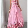 Women's Summer Floral Halter Maxi Dress Sleeveless Pleated A Line Flowy Belted Long Dresses