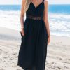 Women's Summer Casual Maxi Dress V Neck Sleeveless Contrast Lace Long Dress