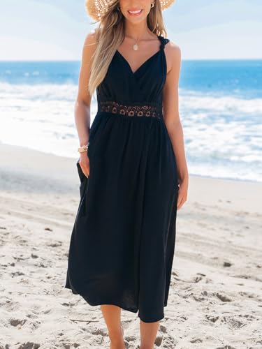 Women's Summer Casual Maxi Dress V Neck Sleeveless Contrast Lace Long Dress