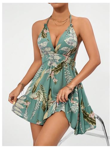 41T5HG6BITL.jpg Women's Deep V Neck Ruffle Halter Dress Sleeveless A Line Boho Summer Dresses