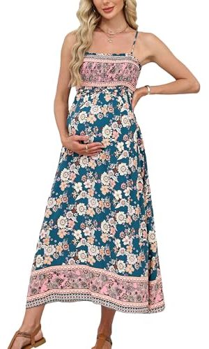 Maternity Maxi Dresses Floral Square Neck Smocked Baby Shower Ruffled Flowy Fashion Casual Summer Pregnancy Dress