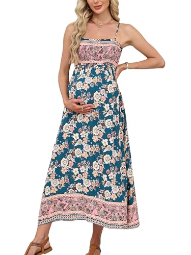 Maternity Maxi Dresses Floral Square Neck Smocked Baby Shower Ruffled Flowy Fashion Casual Summer Pregnancy Dress