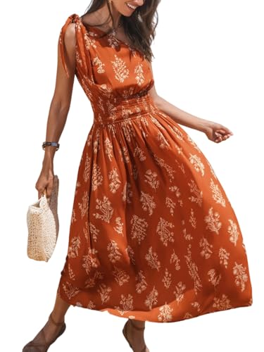 41TlWFLEujL.jpg Women's One Shoulder Floral Printed Sleeveless Smocked Waist Maxi Dress Summer Boho Long Dress