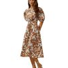Women's Boho Floral Puff Sleeve Cut Out Dress Tie Back A Line Midi Dresses
