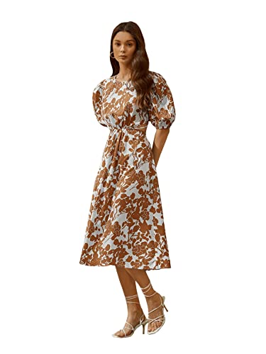 Women's Boho Floral Puff Sleeve Cut Out Dress Tie Back A Line Midi Dresses